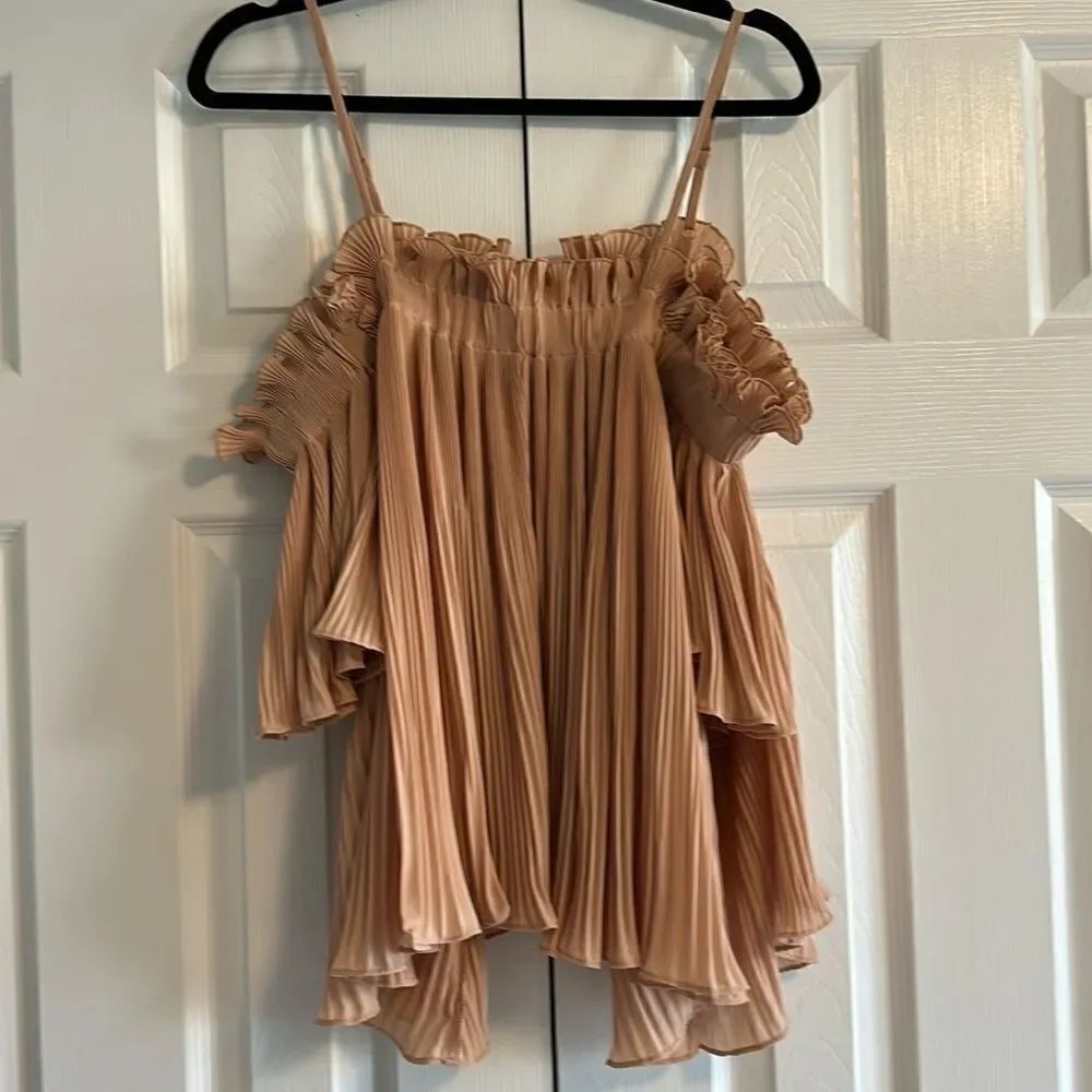 Endless Rose Off Shoulder with Adjustable Straps Tan Pleated Flowy Blouse